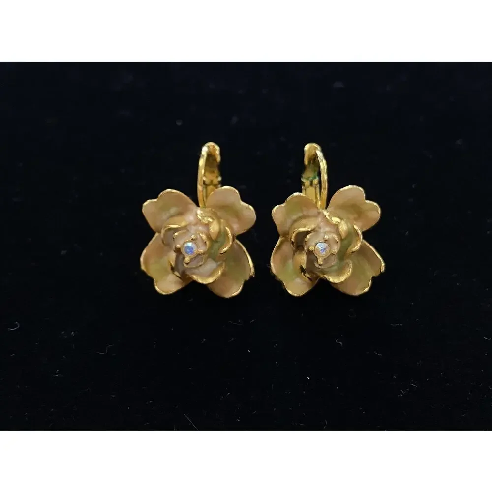 Joan Rivers Earrings Gold Tone Pastel Enamel Flower Dangle Drop Vintage‎ Y2K